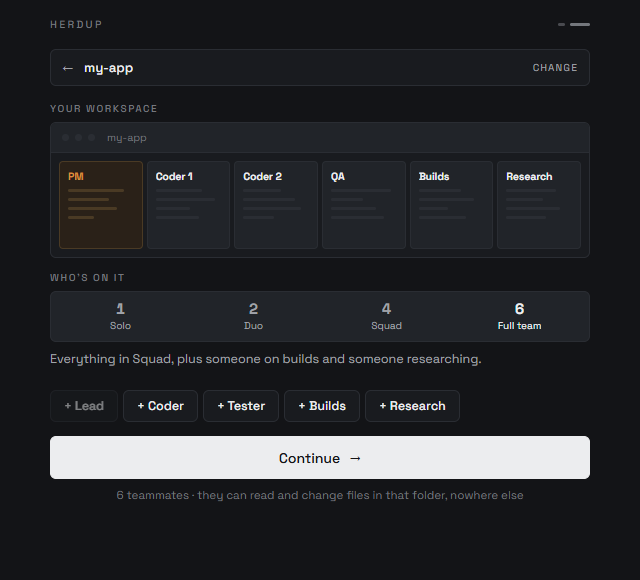 herdup showing the workspace with six teammates